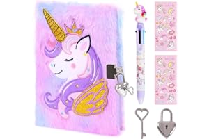 PrinBarBee Unicorn Diary with Lock for Girls,Cute Plush Journal Notebook Set for Kid with Stickers,Fluffy Secret Notebook for Writing and Drawing Gifts for Girls ages 6-8