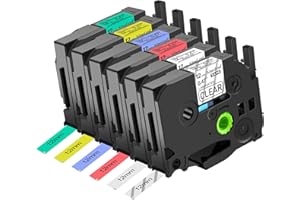NineLeaf Zestaw 6 taśm 12 mm kompatybilnych z Brother P-Touch TZE 12 mm 0,47 TZe-131 TZe-231 TZe-431 TZe-531 TZe-631 TZe-631 TZe-731 AZE kilka kolorów taśma do zapisywania do H105 H107B H100LB H108