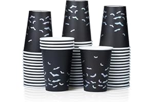 CONFETTIVILLE Halloween Disposable Paper Party Cups, Bulk 50 Pack, Leak-Proof, 355ml Hot and Cold Cups for Restaurants and Parties, Bats, Black & Silver
