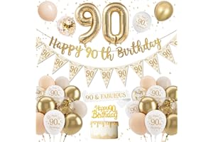 DJLLA 90th Birthday Decoration for Women Men, Gold White Birthday Balloons with Happy 90th Birthday Banner, Confetti Latex Balloons Cake Topper for Women Party Decorations