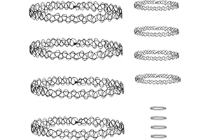 GoldRock naszyjnik z tatuażem w stylu lat 90., zestaw 12 sztuk, choker, elastyczny naszyjnik, 4 x gotycki choker, 4 x czarne pierścionki, 4 x bransoletki, akcesoria z lat 90., prezent dla dziewcząt i