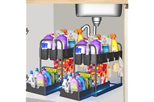 YIFOV 2 Pack Under Sink Storage Kitchen Organiser, 2 Tier Under Sink Shelf with Slide Out Drawer, Multi-Purpose Under Sink Bathroom Storage Rack for Countertop Laundry -Black