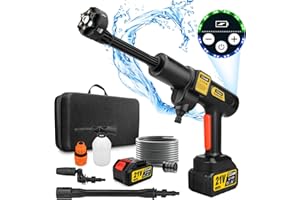 HIGHSAM Gisam Hidrolimpiadora de Alta Presión, Hidrolimpiadora Portatil MAX 65 Bar con 2 x 4000mA Baterías, Pulverizador de Espuma, 6 en 1 Boquilla Multiusos y 180° Boquilla Giratoria (Gisam-01)