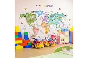 Fufuquare Adesivi da Parete Grandi della Distribuzione Animale del MONDO Adesivi Murali di Mappa Impermeabili per la Stanza per Bambini il Giardino d'infanzia e la Classe