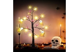Coikes 60cm/2ft Black Halloween Tree Light with 24 LEDs Small Black Glitter Spooky Pumpkin Display Tree Christmas Decorations Indoor Small Twig Tree for Halloween Xmas Home Party Decor