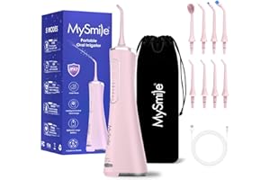MySmile Water Dental Flosser for Teeth Cordless Oral Irrigator 5 Cleaning Modes 8 Replaceable Jet Tips IPX 7 Waterproof USB Rechargeable Water Dental Picks for Teeth Cleaning with PU Bag Pink
