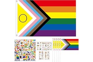 YCAAEO Progress Pride Flag + 5 Handheld Progress Pride Flagge + 50 PRide Sticker + 5 Tattoo-Aufkleber, Regenbogen Flagge, LGBTQ PRide FLagge Set, Regenbogen PRide Flag, LGBTQ FLag