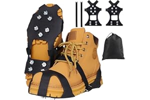 EOAMGO Crampons Ice Grips for Shoes and Boots, Ice Cleats for Hiking Boots with 10 Stainless Steel Spikes, Non Slip Gripper Spikes for Walking Hiking Fishing Men Women