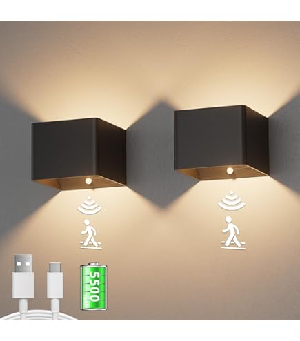 Aipsun Draadloze led-wandlamp met afstandsbediening, 6000 mAh, USB-C oplaadbare wandlamp, zwart, 60 cm, 5 W, moderne slaapkamer, woonkamer, wandlamp, drie kleurtemperaturen (2 stuks