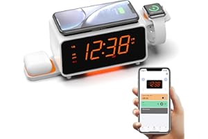 iTOMA Radio Despertador de Doble Carga Inalámbrica con Altavoz Bluetooth, FM Radio, Dos Puertos USB, Doble Alarma, Snooze, Control del Dimmer CKS209