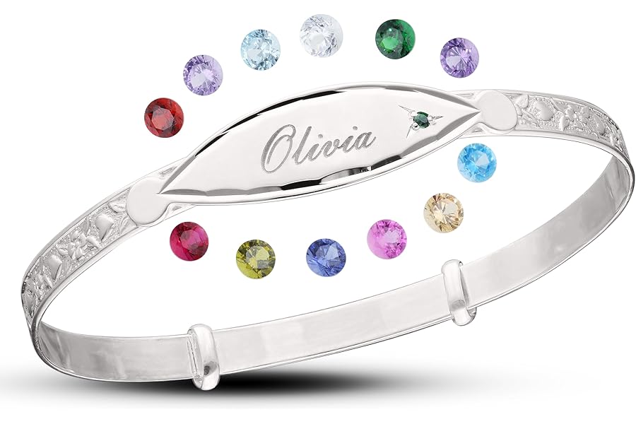 DV DOLCE VALENTINA Children's Unisex Baby Bangle, 925 Silver Bracelet with Diamond Cut and Birthstones, boy or Girl Bangle for Baptism, Baby Shower Keepsake 0-3yrs