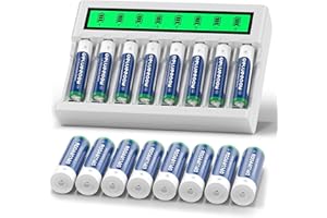 Delyeepow Batterie Ricaricabili AA AAA con Caricatore, 8 Pezzi 3300 mAh Pile Ricaricabili AA e 8 Pezzi 1100 mAh Pile Ricaricabili AAA 1.2V Ni-MH, 8 Indipendente Slot LCD Caricabatterie