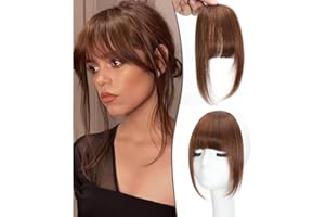 DYBEAUTYHAIR Clip in Fringe - Bangs Hair Clip in Bangs 100% Real Human Hair Extensions clip on air bangs for Women Fringe with Temples Hairpieces Curved Bangs (Medium Brown, French Bangs)