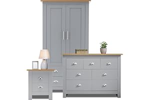 Blisswood 3 Piece Bedroom Furniture Set, 2 Door Wardrobe & 4+3 Drawer Chest of Drawer + 2 Drawer Bedside Table Cabinet Bedroom Set for Bedroom Storage furniture (Grey & Oak)