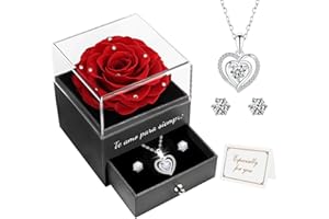 MIOFULA Rosa Eterna Caja con Collar y Aretes, Rosa Preservada Real Hecho Románticos Regalo para Mujer Mama Novia para Navidad Cumpleaños Aniversario San Valentin Dia de la Madre
