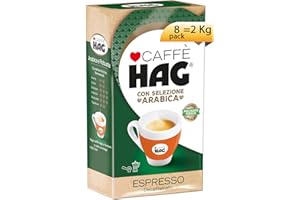 CAFFÉ HAG Hag - Caffè Macinato Decaffeinato Gusto Espresso Macinato Fresco - Miscela caffè per Moka o macchina da Espresso con braccetto - Contiene 8 confezioni da 250 g (Totale 2 kg)