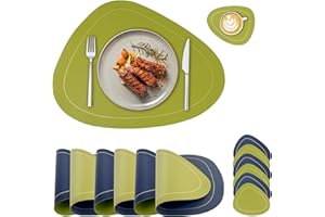 BENAEP Table Mats Set of 6,Placemats and Coaster Sets Washable Non-slip Heat Insulation PU Leather Dinner Place Mats Table Placemats Sets for Home Restaurant(Navy Blue+green)