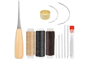 BINJCE Aiguilles Couture Cuir Kit Reparation Cuir Aiguille Cuir Poincon Couture Fil Ciré, Pour La Réparation Du Cuir, Des Chaussures, Des Ceintures, Des Sacs Et Des Sièges De Voiture (3 bobines de fil ciré)