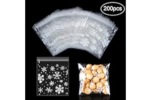 MELLIEX 200pcs Sacchetti Biscotti di Natale, Fiocchi di Neve Sacchetti cellophane Trasparente per Caramella, autoadesiva risigillabile plastica Sacchetti per Alimentari di Natale Festa