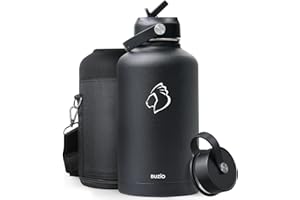 Stainless Steel Water Bottle 2L, BUZIO Vacuum Insulated Water Bottle with Straw Lid and Flex Cap Cold for 48 Hrs, Hot for 24 Hrs Double Wall Wide Mouth BPA Free Leak Proof, Black
