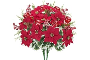 FALSKT Stelle di Natale Finte Stella di Natale Artificiale 50cm Fiori Finti Natalizi con mele di Natale, pigne e bacche artificiali per Vaso Seta per Decorazioni Natalizie Casa e Feste