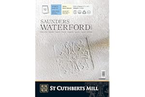 SAUNDERS WATER FORD SERIES ST CUTHBERTS MILL Saunders Waterford, Papel de acuarela para bellas artes, Duro, 300gsm, Bloc pegado por los 4 lados, 12x16'', Blanco intenso, 20 hojas