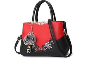 VARLIVOO Women Top-Handle Bag Flower Pattern Shoulder Bag Pom Pom Decoration Ladies Tote Bag Messenger Bag Travel Waterproof PU Leather