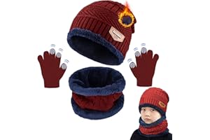 CheChury Kids Knitted Beanie Hat Circle Scarf and Gloves Set Super Soft Fleece Inner Lining Warm Hat Neck Warmer and Gloves Set for Outdoor,3-11 Years old