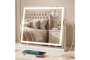 Antok sminkspegel med belysning, 55x48 cm LED-kosmetikspegel HD, 360°-rotation, 10-faldig förstoring, 3 färgtemperaturer, dim