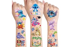 SUNYOVIME Tatouage Éphémère Lilo et Stitch - 8 Feuilles Kit Enfant, Étanche Faux Tatouage Fille Garçon, Cadeau Anniversaire, Décoration De Fête, Accessoire