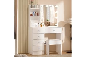 ‎SAIMEIHOME Saimeihome Schminktisch mit Beleuchtung und Hocker, Frisiertisch mit Verstellbarer Lichtfarbe und Helligkeit, Kosmetiktisch mit 6 Schubladen 6 Ablagefächern für Schlafzimmer - 80x36x130cm Weiß W39