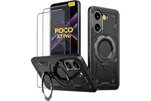 KANSi Funda para Xiaomi Poco X7 Pro/Poco X7 Pro 5G con Cristal Templado*2, Anti Golpes Carcasa Protectora Resistente con Anillo Soporte Giratorio - Capa Negro