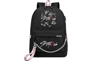 Roffatide KPOP Stray Kids Skolväska för flickor och pojkar med USB-laddningsbart port och hörlursuttag, Svart f, Vardagsryggs
