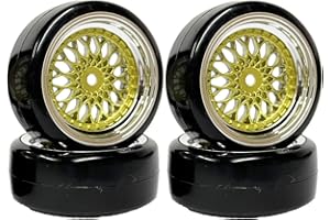 KINGCOO 4PCS RC Drift Car Tyre 63mm Smooth Hard Tires and Plastic Plating Wheel Rims Set for 1/10 RC On Road Run-flating Touring Racing Drifting Car for HSP HPI Kyosho (Gold Silver, Offset:6mm)