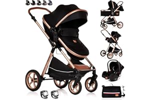 BAYOBAY Baby Pram Pushchair Buggy Stroller 3 in 1 with Car Seat Child Lightweight Folding Stroller 3 in 1 Travel System Pram for Newborns Toddlers from Birth New 2026 Style FREEBIES (BBC - Black Gold, BBC)