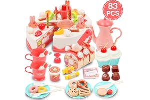 DigHealth 83 Pcs DIY Birthday Cake Toy, Decorating Party Role Play Food, Pretend Play Food Tea Sets with Removable Candles, Fruit, Ice Cream, Biscuits, Candy and Chocolate for Children Aged 3+