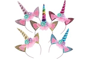 5 Pièces Serre Tete Licorne, Bandeau Licorne Fille, Licorne Corne Bandeau , Bandeau Licorne Coloré avec Fleurs, pour Adulte Enfant Pâques Anniversaires Fêtes Cosplay