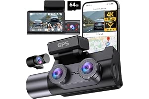 3-Kanal Dashcam Bil, 4K UHD Fram 170° + Full HD Bak 140° + Inre 140°, 24-timmars Parkeringsövervakning, WiFi 6 & GPS, HDR/WDR