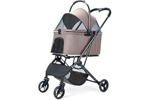 AESRAOU 2 IN1 Dog Strollers with Removable Carrying Basket, Foldable Puppy Carts with 4 Fast Wheels, Minimalist Pets Stroller with Storage Bag for Medium Small Dogs Cats Outdoor Travel (Coffee)