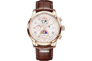 LIGE Montre pour Hommes Chronographe Quartz avec Date Moonphase Design Noir Bracelet en Cuir Montre Quotidienne étanche - Montres élégantes pour Le Travail et La Vie Quotidienne