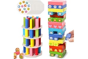 Raxfekro Wooden Wobble Tower Stacking Tower - Educational Toy from 3 Years - Skill Game for Children Boys & Girls 3-9 Years - With 54 Building Blocks, 3 Dice, 18 Game Plans