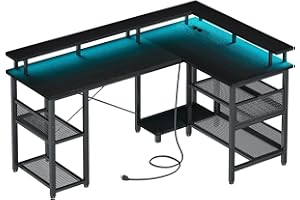 ODK Scrivania da Gaming con LED, Scrivania d'Angolo Reversibile con 2 Prese e 2 Porte USB, Organizzazione Ottimale e Ampio Spazio di Archiviazione, Nero, 150×102cm