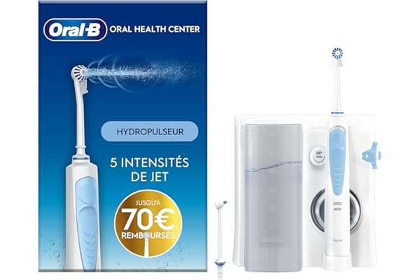 Oral-B Oral Health Center Hydropulseur Dentaire, Jet Dentaire, 1 Canule Oxyjet, 1 Canule Water Jet, 4 Jets d'Eau et 5 Pressions, Nettoyeur Interdentaire et Plaque Dentaire, Rechargeable