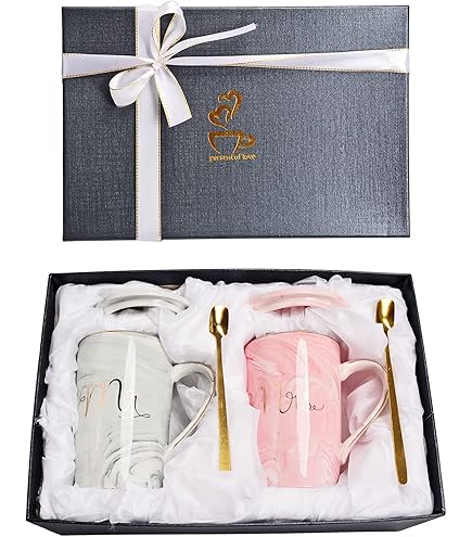 Cheardia Lot De Tasses à Café En Céramique De 355 Ml - Cadeau De Fiançailles Pour Couples, Lui Et Elle - Pour Mariée Et Marié, Anniversaire, Saint- Valentin, Fête Prénuptiale, Mariage, Noir Et