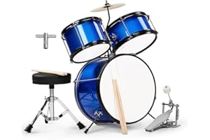 LEADZM Schlagzeug Set 14'' für Kinder ab 3 Jahren mit Hocker, Bassdrum-Pedal und 2 Drumsticks, Becken, Tom und Snare Drum (Dunkelblau)