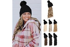 Flufymooz Beanie Wig, Hat Hair Extension Long Wavy Curly Black Hat with Faux Fur Pom, Wig Attached 20 Inch Synthetic Hairpiece for Women Girls Winter (Light Brown With Ash Blonde)