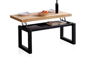 ADEC GROUP duehome | Loft, Mesa de Centro Elevable, Mesita Comedor, Acabado en Roble y Negro, Medidas: 120 cm (Largo) x 60 cm (Ancho) x 47,5/62 cm (Alto)