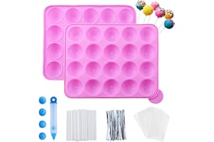 EASYKEENECOM Lot de 105 moules à gâteaux en silicone avec 20 cavités – Moule à sucettes – avec 105 bâtonnets pour cake pops, enveloppes, Twist Ties argentés et crayon décoratif
