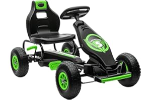 HOMCOM Gokart, Kinderfahrzeug mit 3-stufigen verstellbarem Sitz, Tretfahrzeug mit Gummireifen, Pedal und Handbremse, Kettcar für 5-12 Jahre Kinder bis 50 kg, Outdoor, Grün
