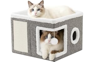 GENERIC JF HOME BLISS Cat House for Indoor Pets 2 Layer Large cat cave with Scratch Board and Ball (Flax, 1)
